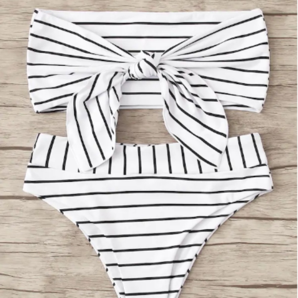 Striped Tie Front Bandeau With High Waist Bikini